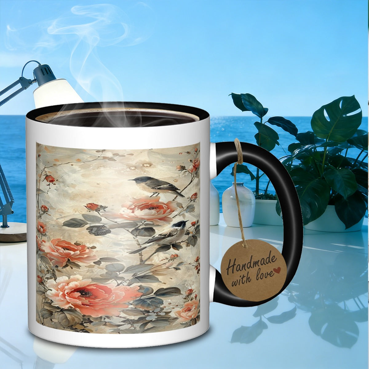 Tailorly Black Accent 11 oz Mug - floral bird pattern