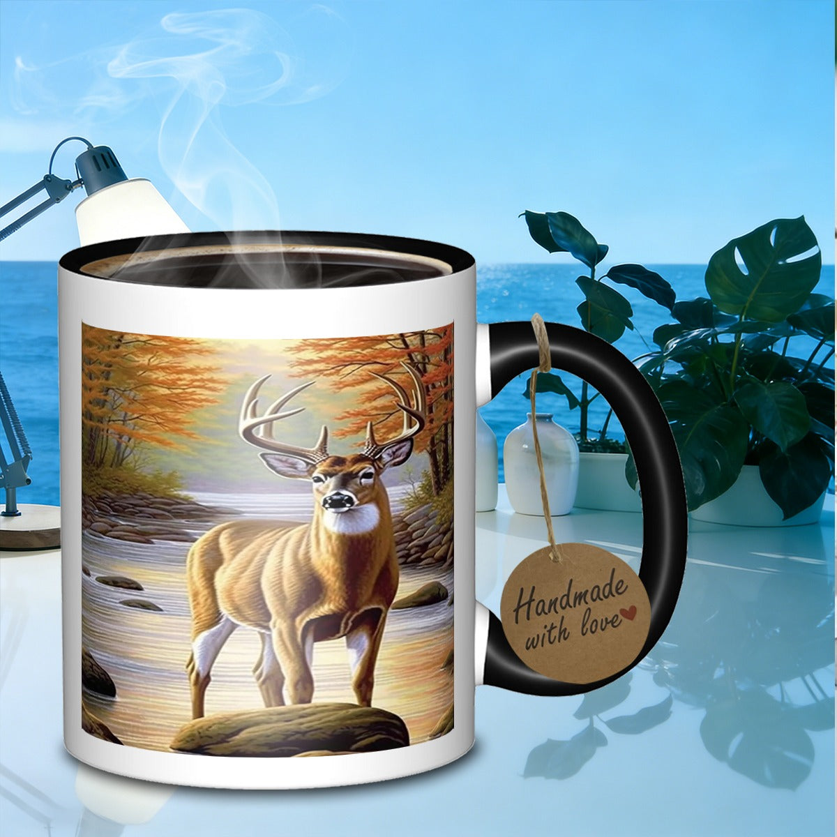 Tailorly Black Accent 11 oz Mug - deer in autumn stream