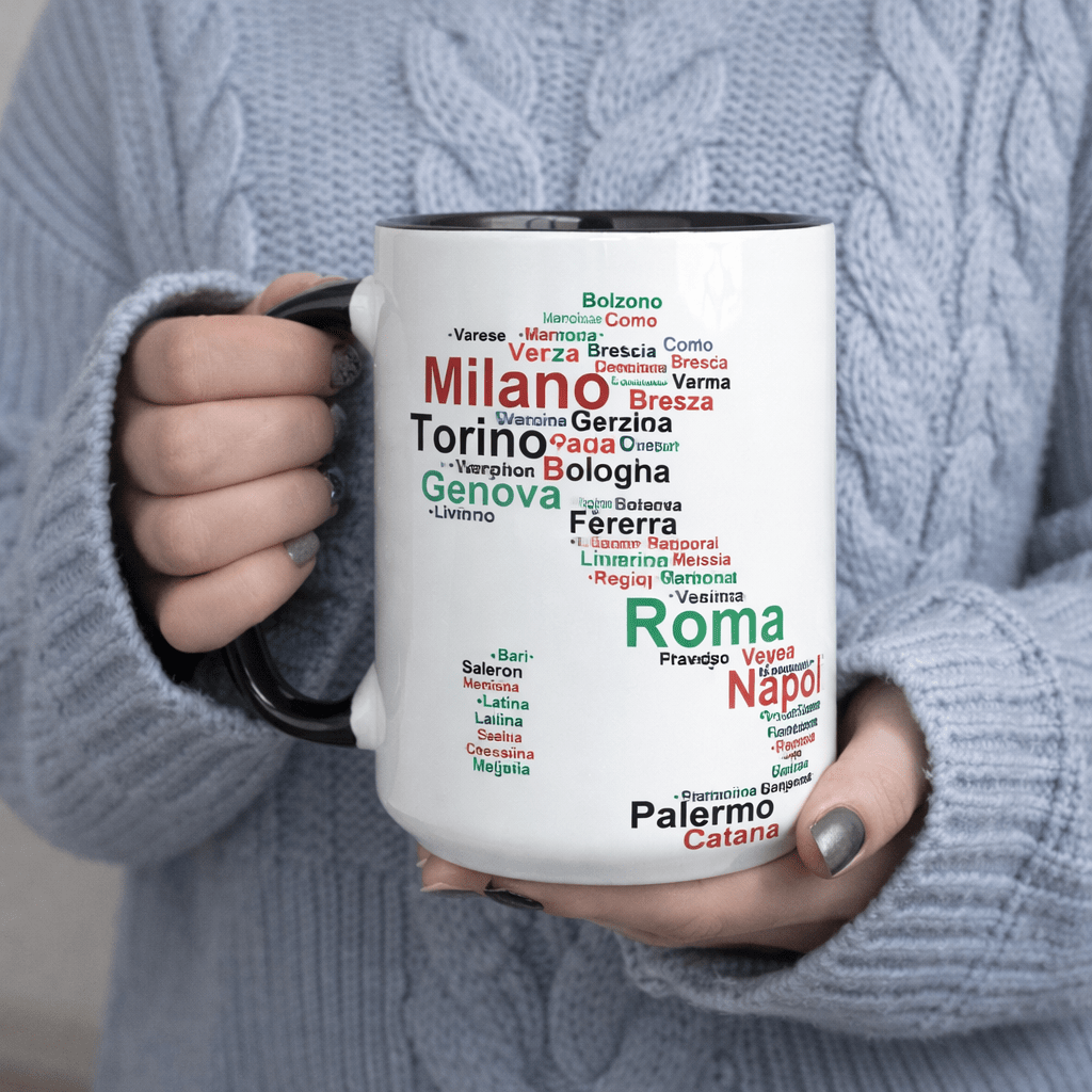 Tailorly Black Accent 11 oz Mug - words of Italian cities like Rome