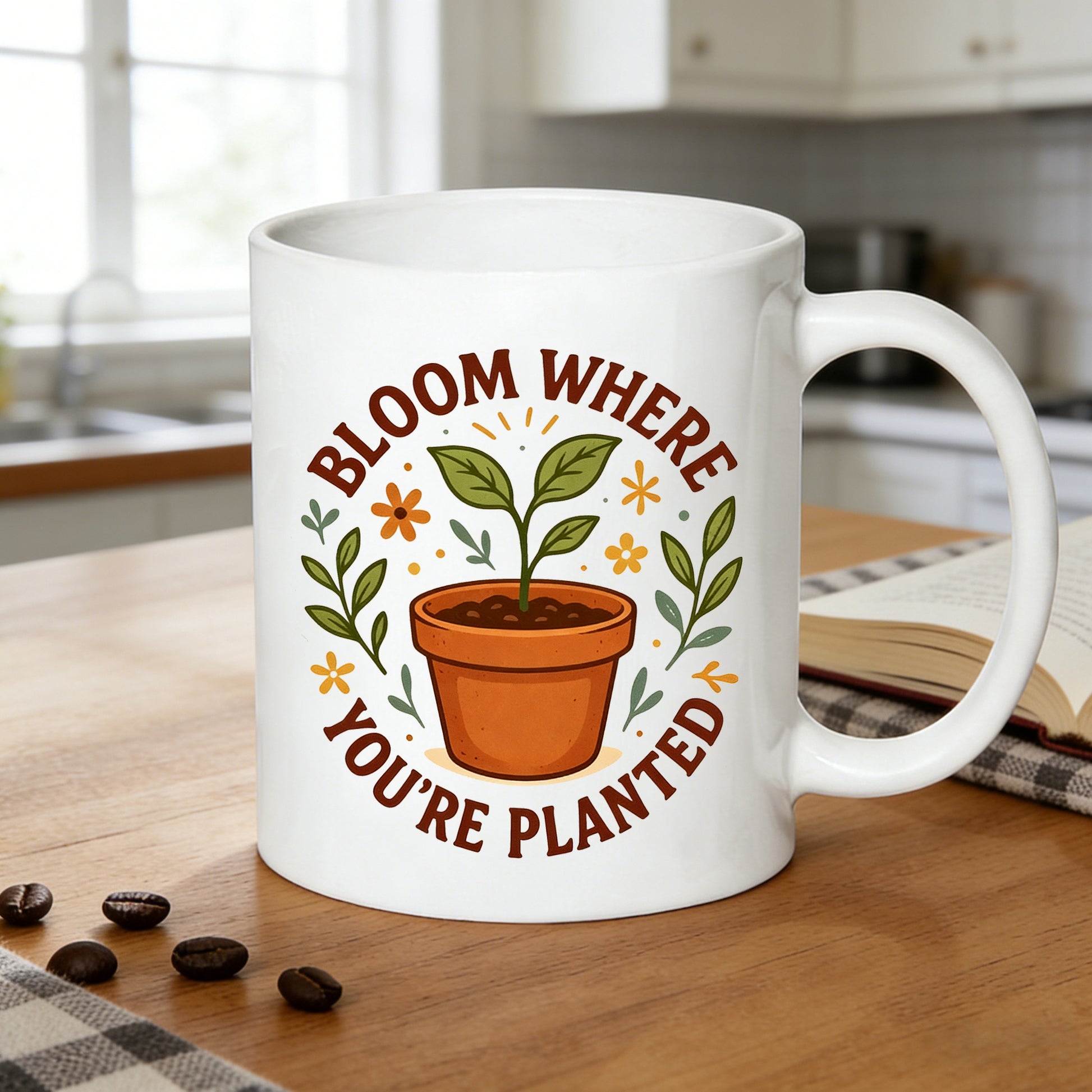Tailorly White Ceramic 11 oz Mug - potted plant floral print
