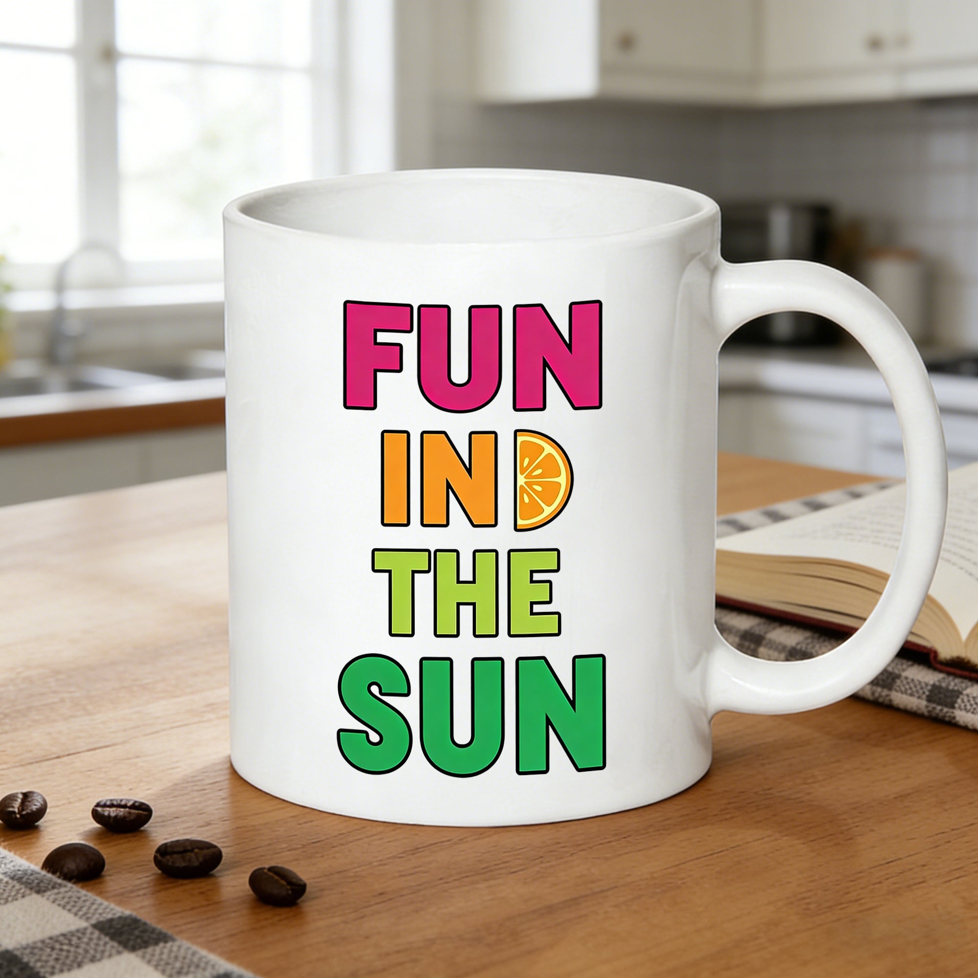 Tailorly White Ceramic 11 oz Mug - colorful orange print coffee cup