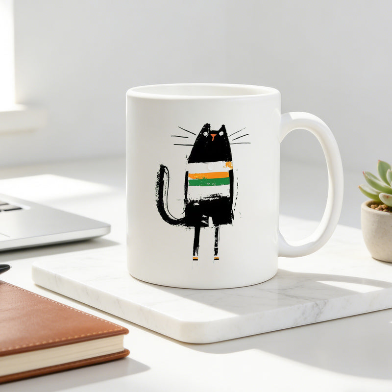 Tailorly White Ceramic 11 oz Mug - black cat with stripes