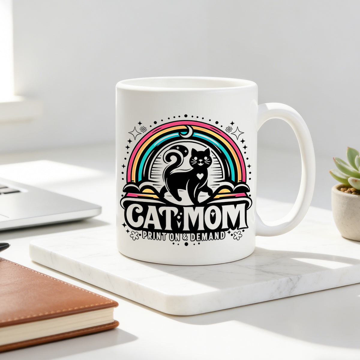 Tailorly White Ceramic 11 oz Mug - cat mom cat coffee boho celestial cat lover owner graphic