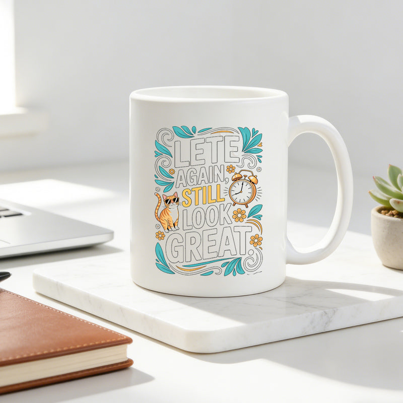 Tailorly White Ceramic 11 oz Mug - fashion glasses and alarm clock design