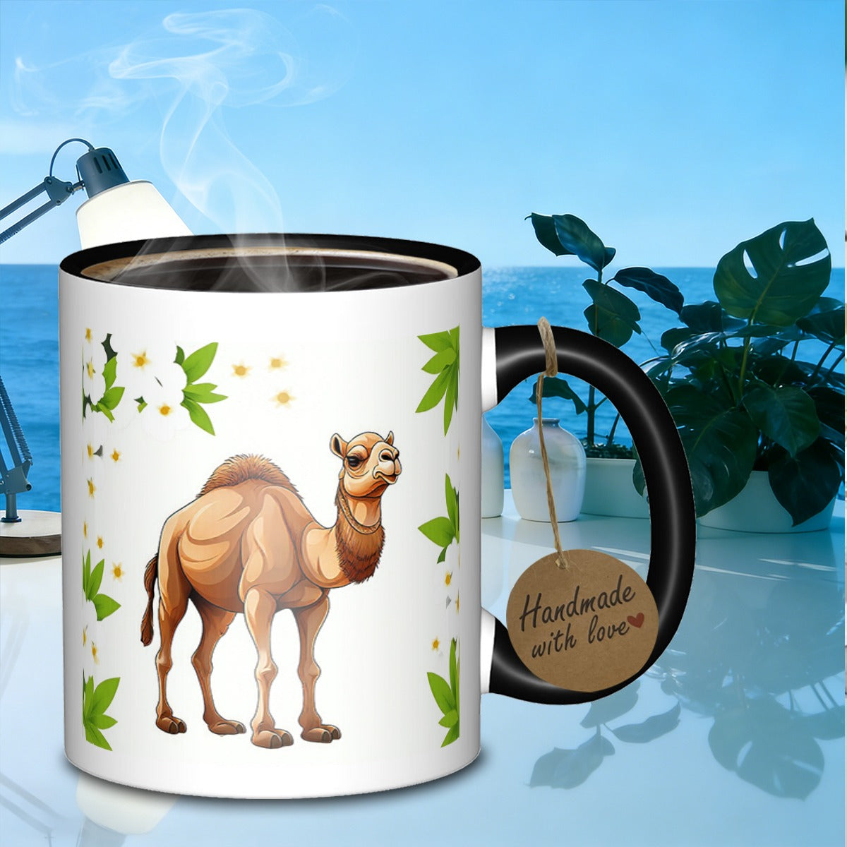 Tailorly Black Accent 11 oz Mug - camel design with floral details