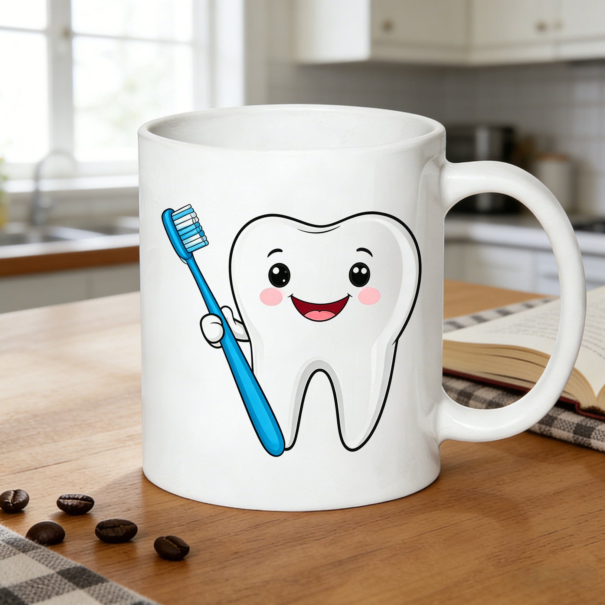 Tailorly White Ceramic 11 oz Mug - cute tooth character smiling tooth with toothbrush