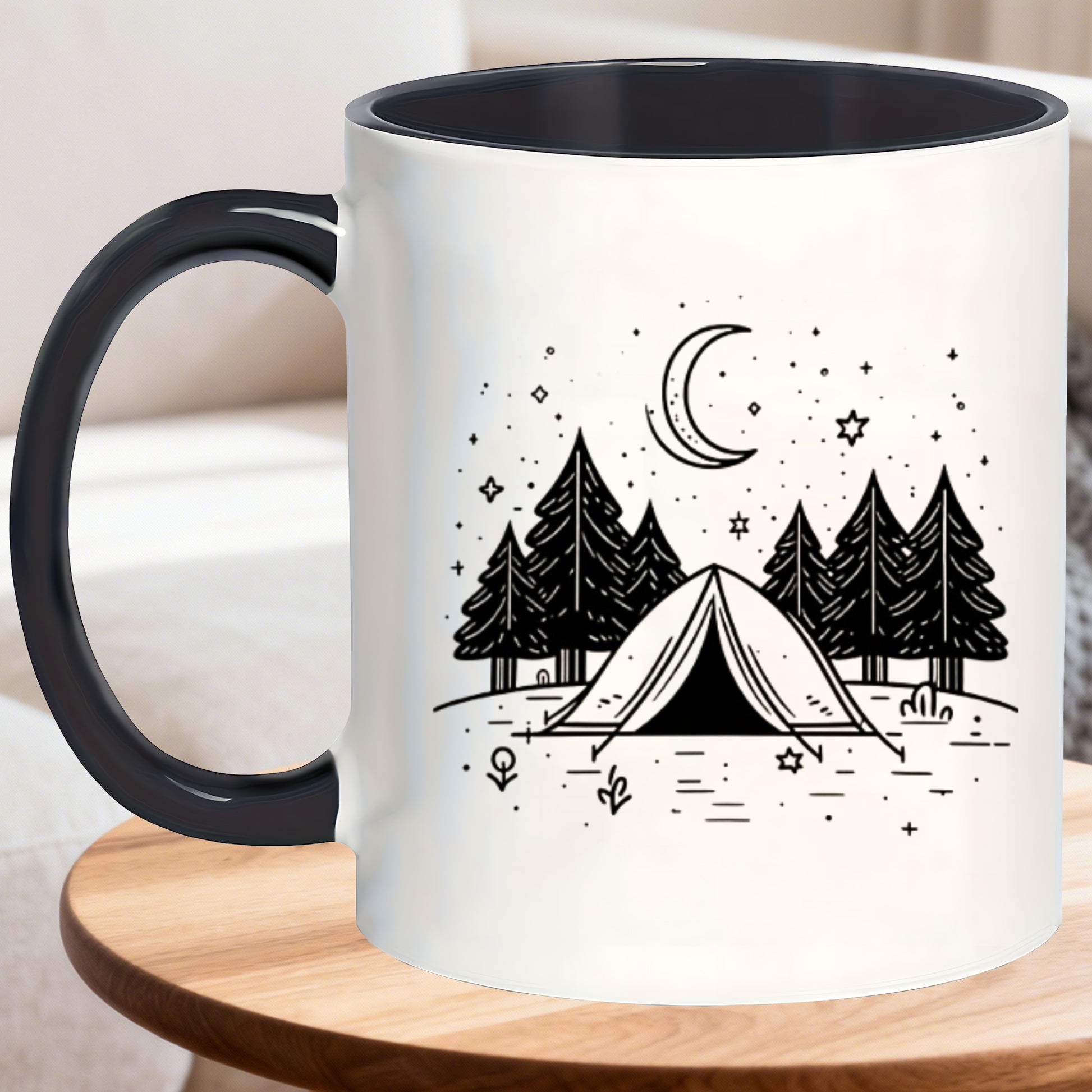 Tailorly Black Accent 11 oz Mug - tent pine trees