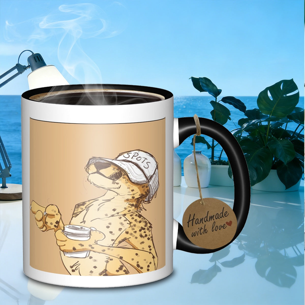 Tailorly Black Accent 11 oz Mug - spotted feline with beverage design