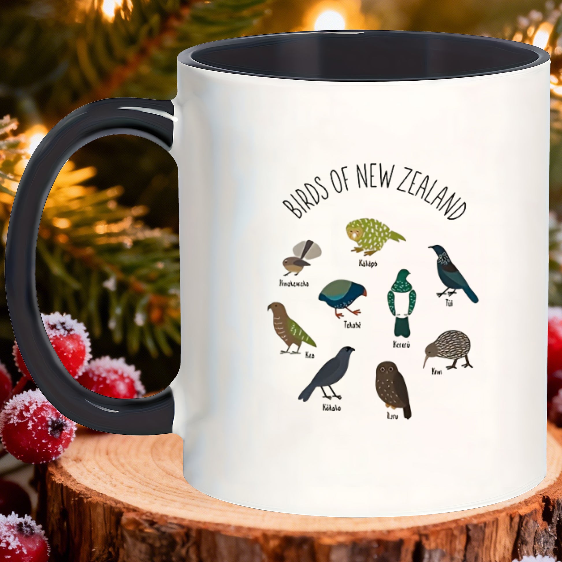 Tailorly Black Accent 11 oz Mug - New Zealand birds