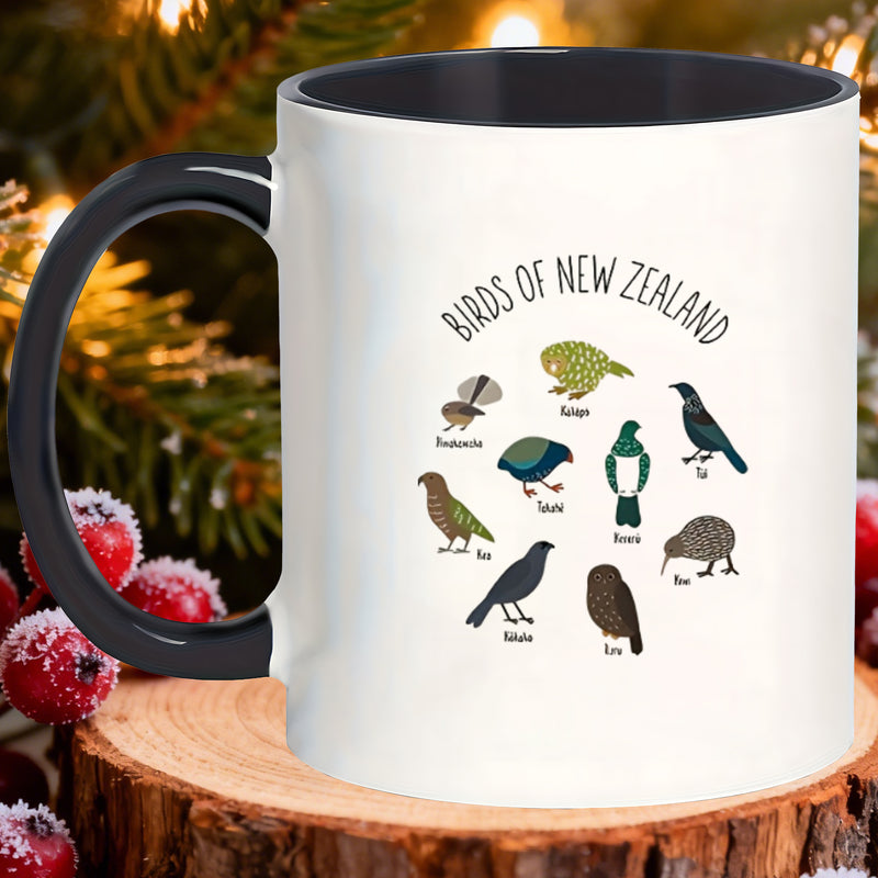 Tailorly Black Accent 11 oz Mug - New Zealand birds