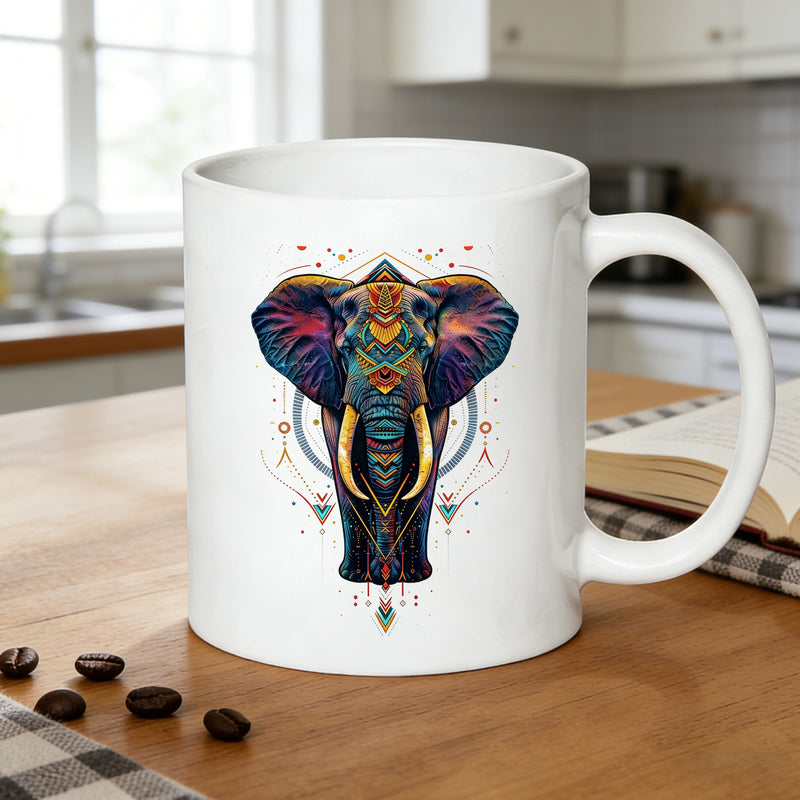 Tailorly White Ceramic 11 oz Mug - tribal elephant with psychedelic geometric print