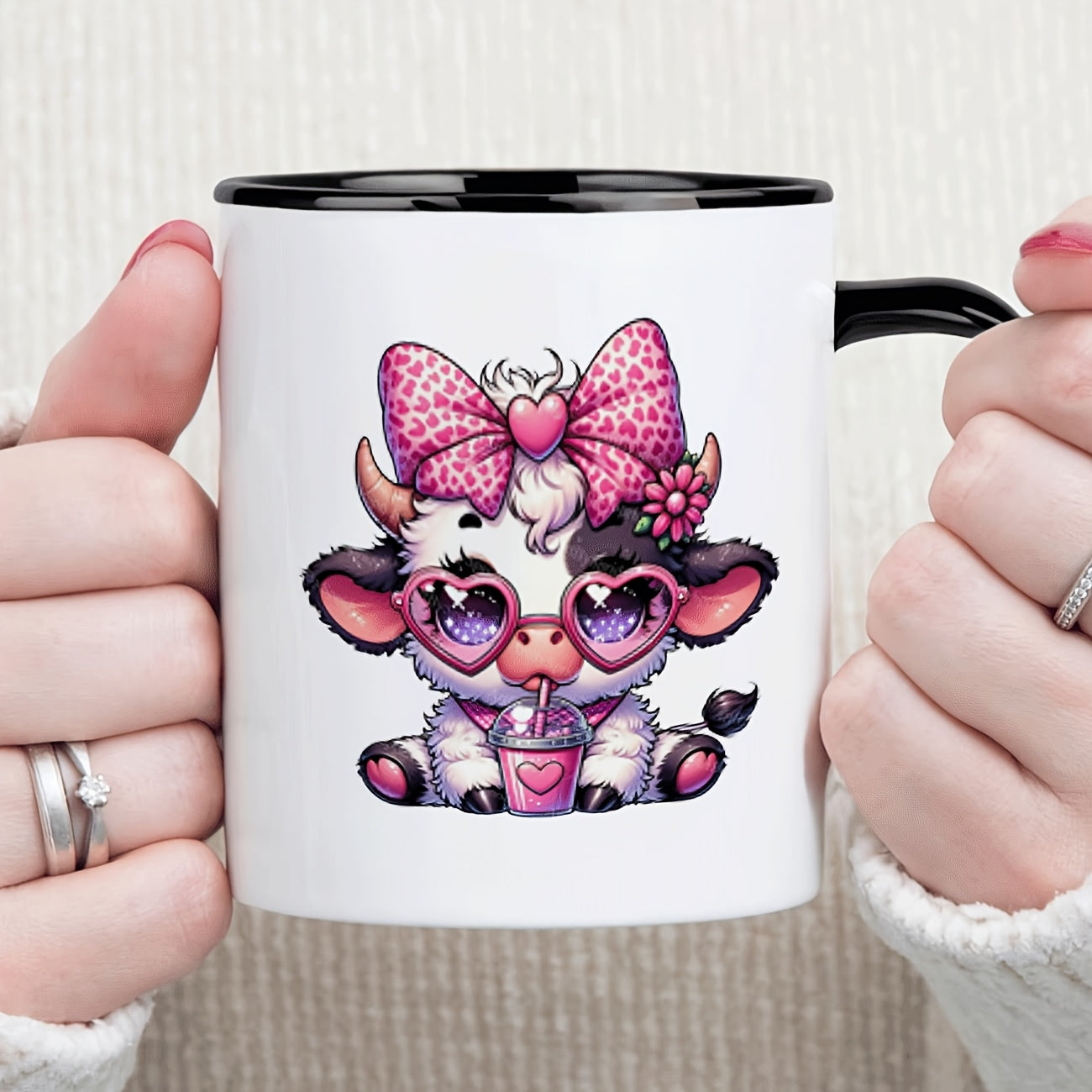 Tailorly Black Accent 11 oz Mug - cute cow with bow glasses design with bow pink bow tie
