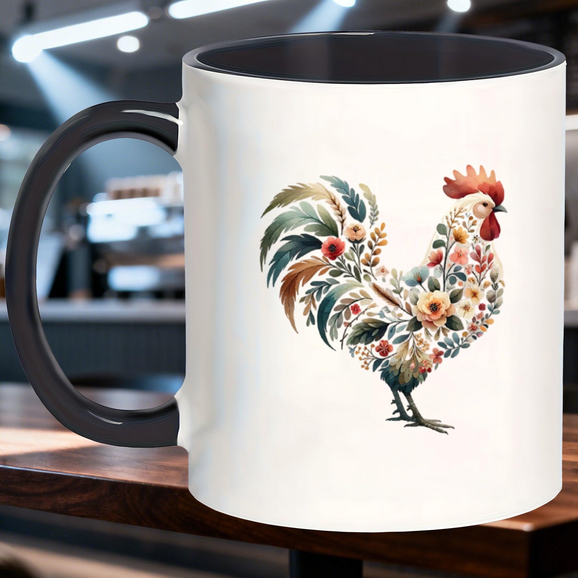 Tailorly Black Accent 11 oz Mug - floral rooster