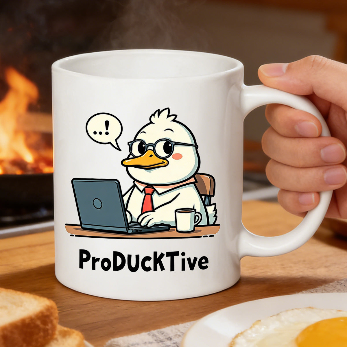 Tailorly White Ceramic 11 oz Mug - illustration of a duck working on a laptop