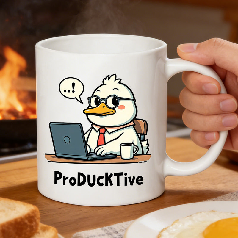 Tailorly White Ceramic 11 oz Mug - illustration of a duck working on a laptop