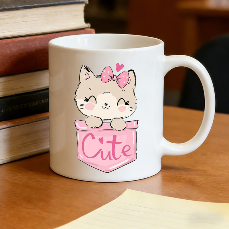 Tailorly White Ceramic 11 oz Mug - cute pocket cat with bow， pink kitten