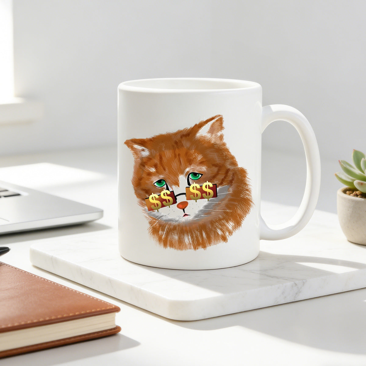 Tailorly White Ceramic 11 oz Mug - cat with dollar sign glasses