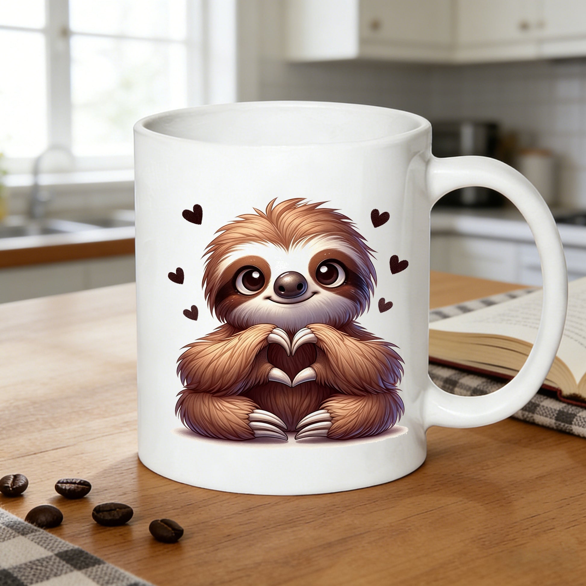 Tailorly White Ceramic 11 oz Mug - cute sloth heart hands
