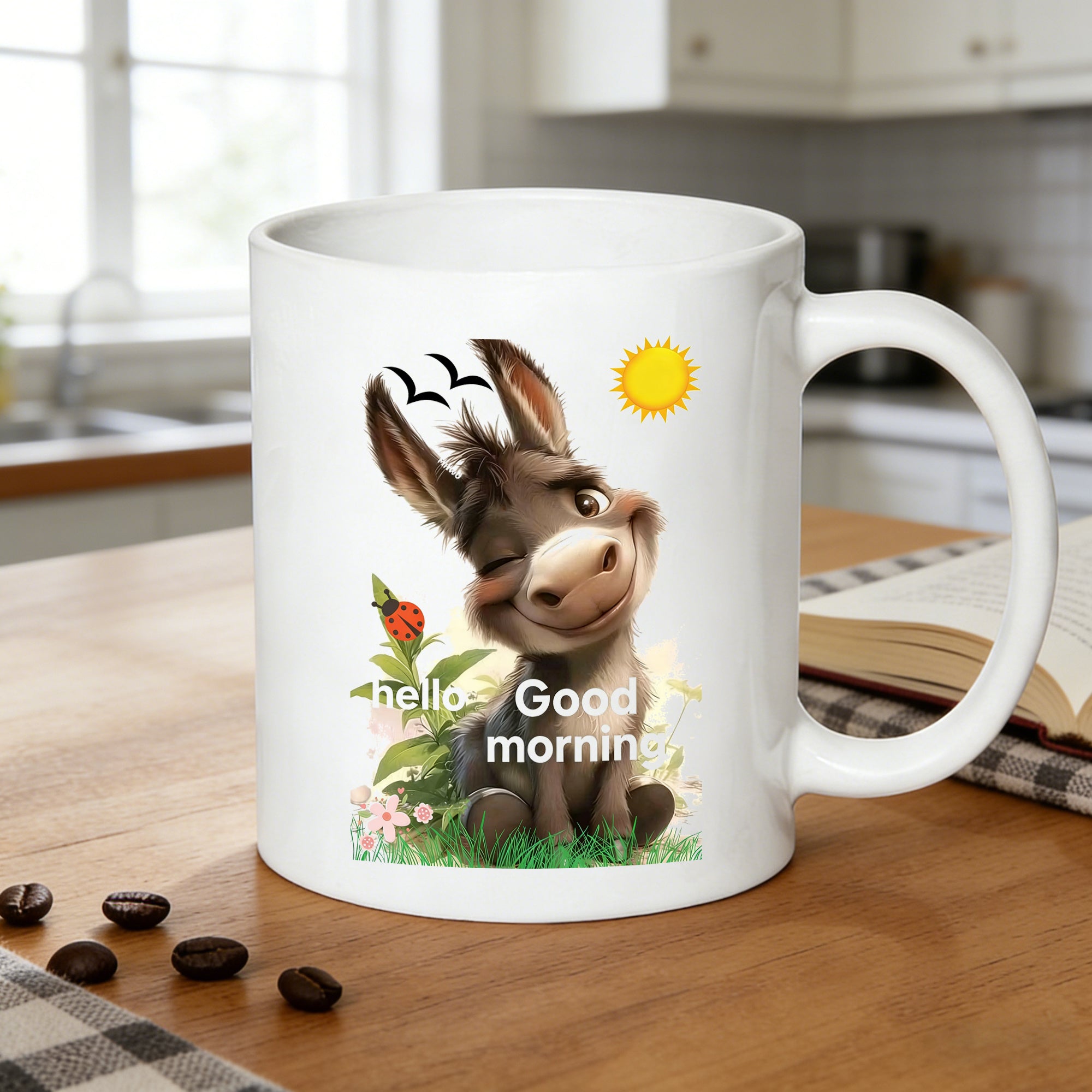Tailorly White Ceramic 11 oz Mug - donkey with sun and flowers