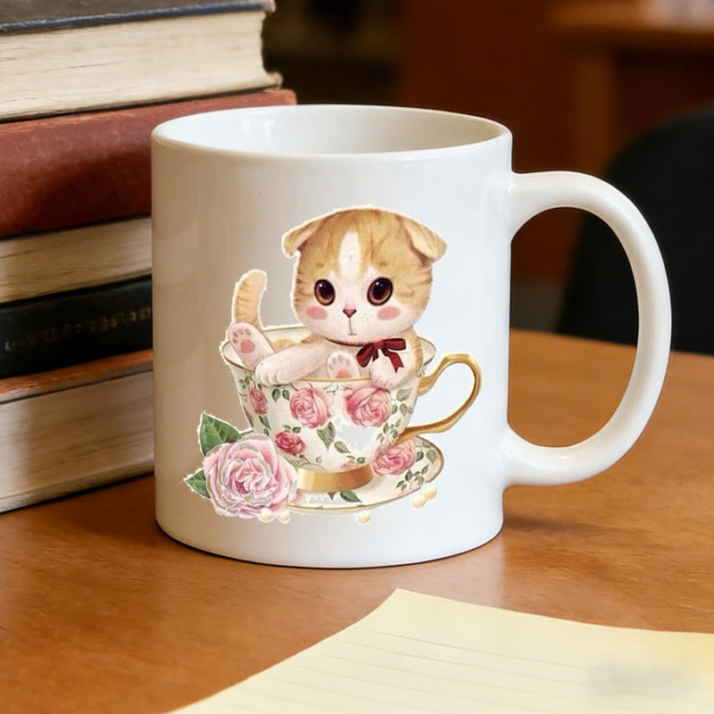 Tailorly White Ceramic 11 oz Mug - cute kitten in floral teacup