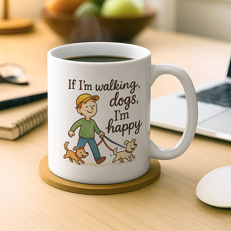 Tailorly White Ceramic 11 oz Mug - walking puppies