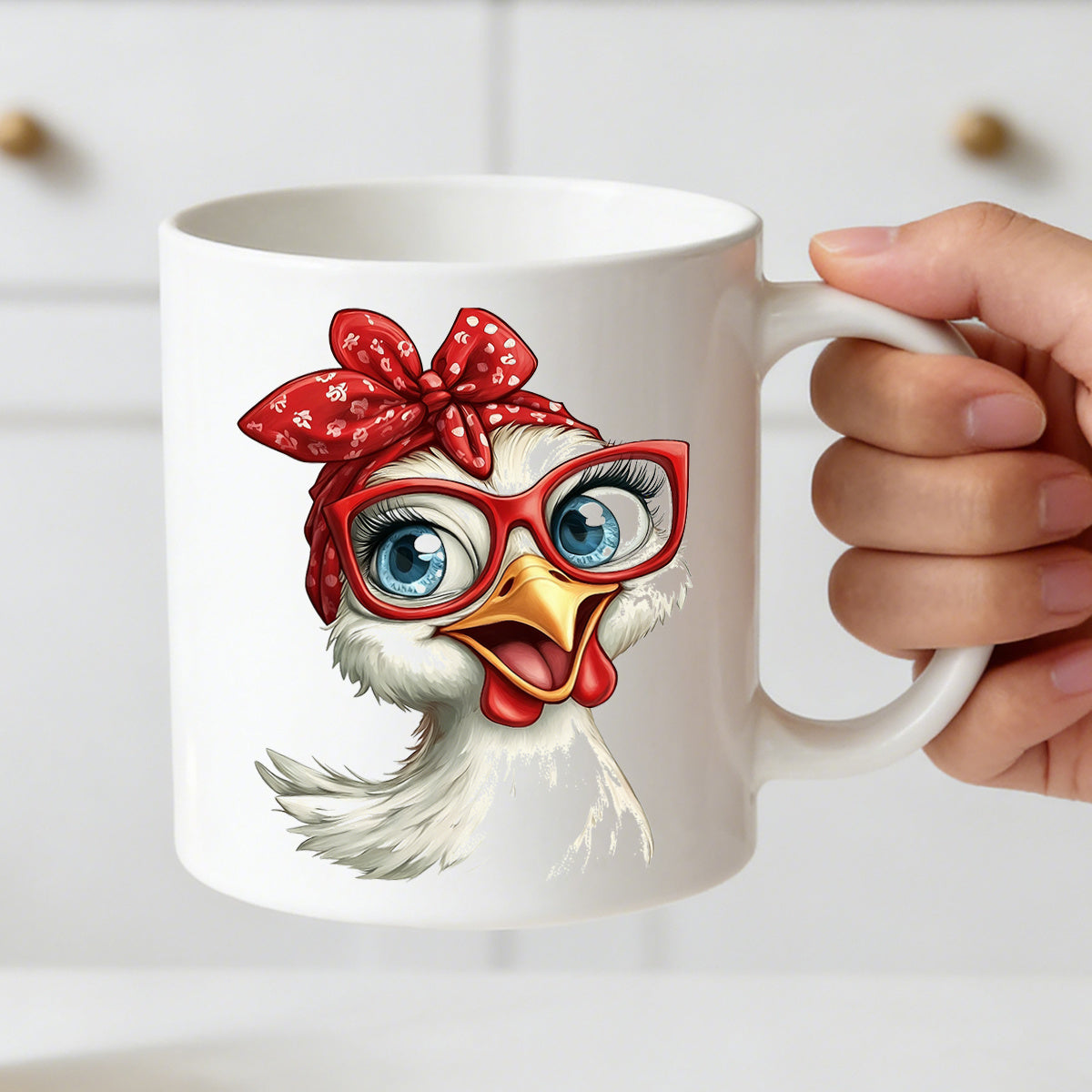 Tailorly White Ceramic 11 oz Mug - cute retro chicken with red bandana and glasses