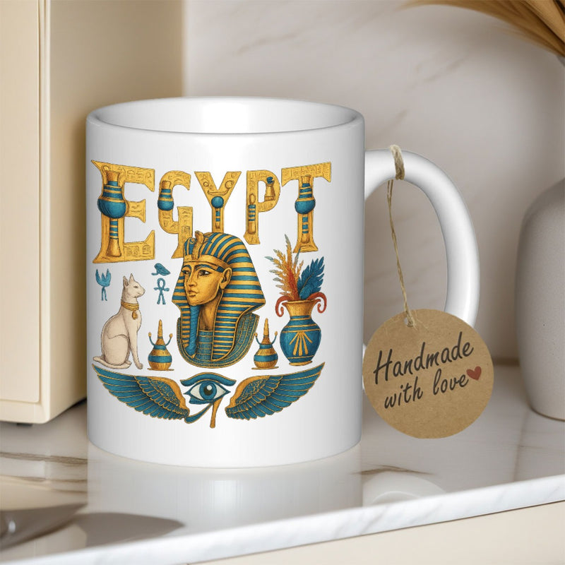 Tailorly White Ceramic 11 oz Mug - hieroglyphic sphinx and designs