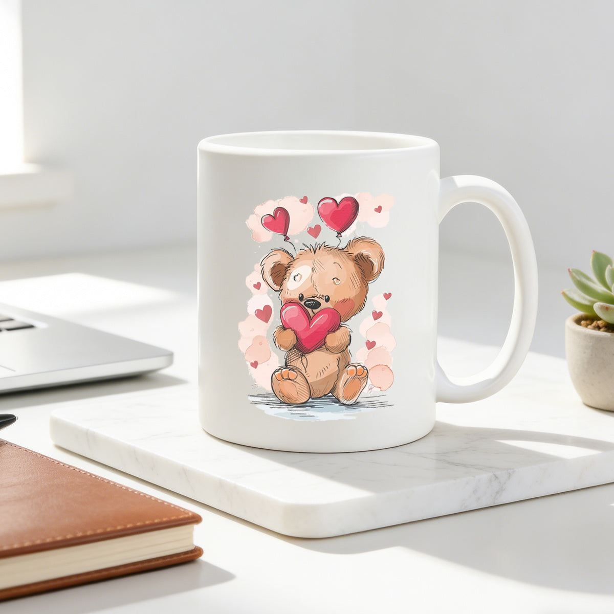 Tailorly White Ceramic 11 oz Mug - teddy bear with hearts