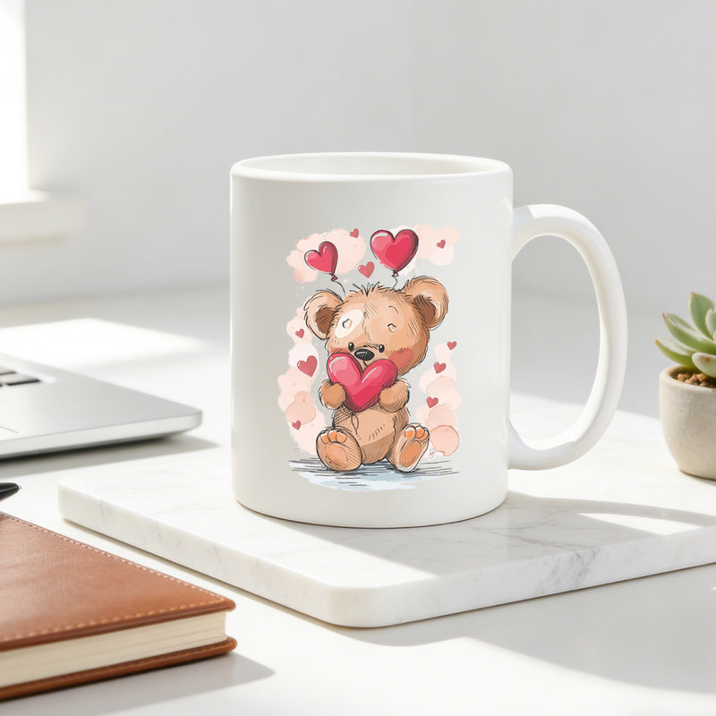 Tailorly White Ceramic 11 oz Mug - teddy bear with hearts