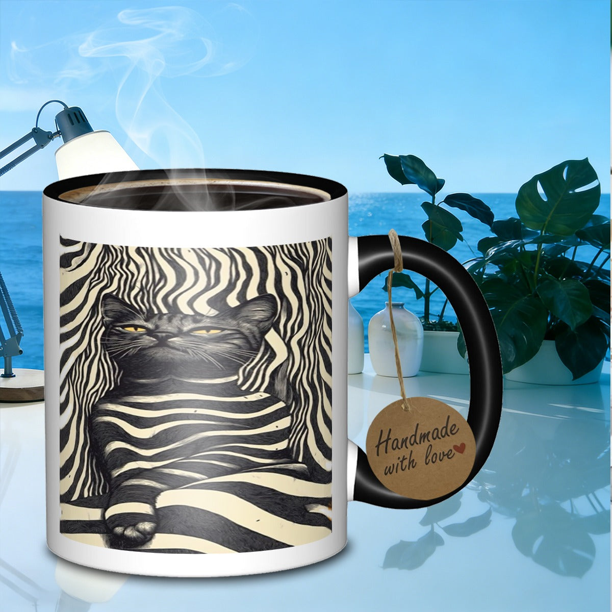 Tailorly Black Accent 11 oz Mug - striped feline portrait