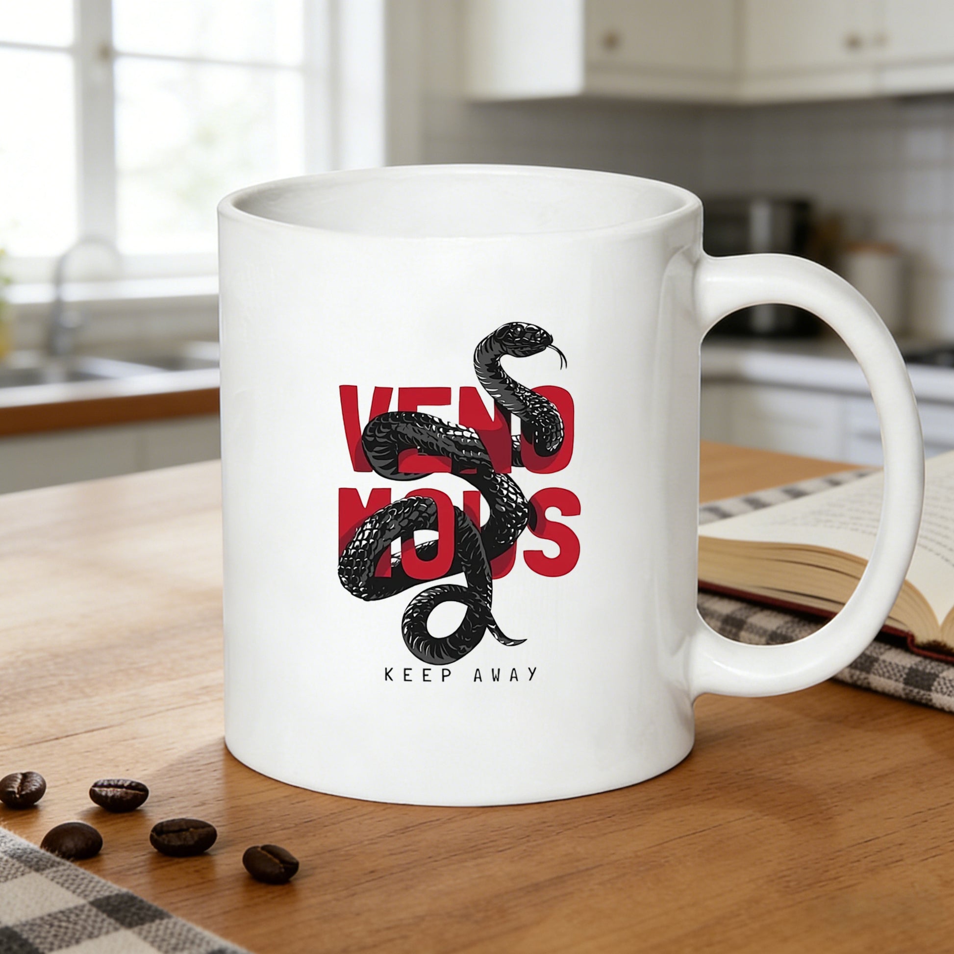 Tailorly White Ceramic 11 oz Mug - black snake with red text