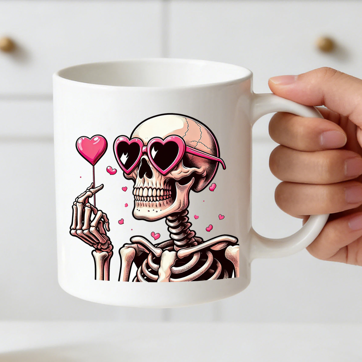 Tailorly White Ceramic 11 oz Mug - pink gothic skeleton with glasses
