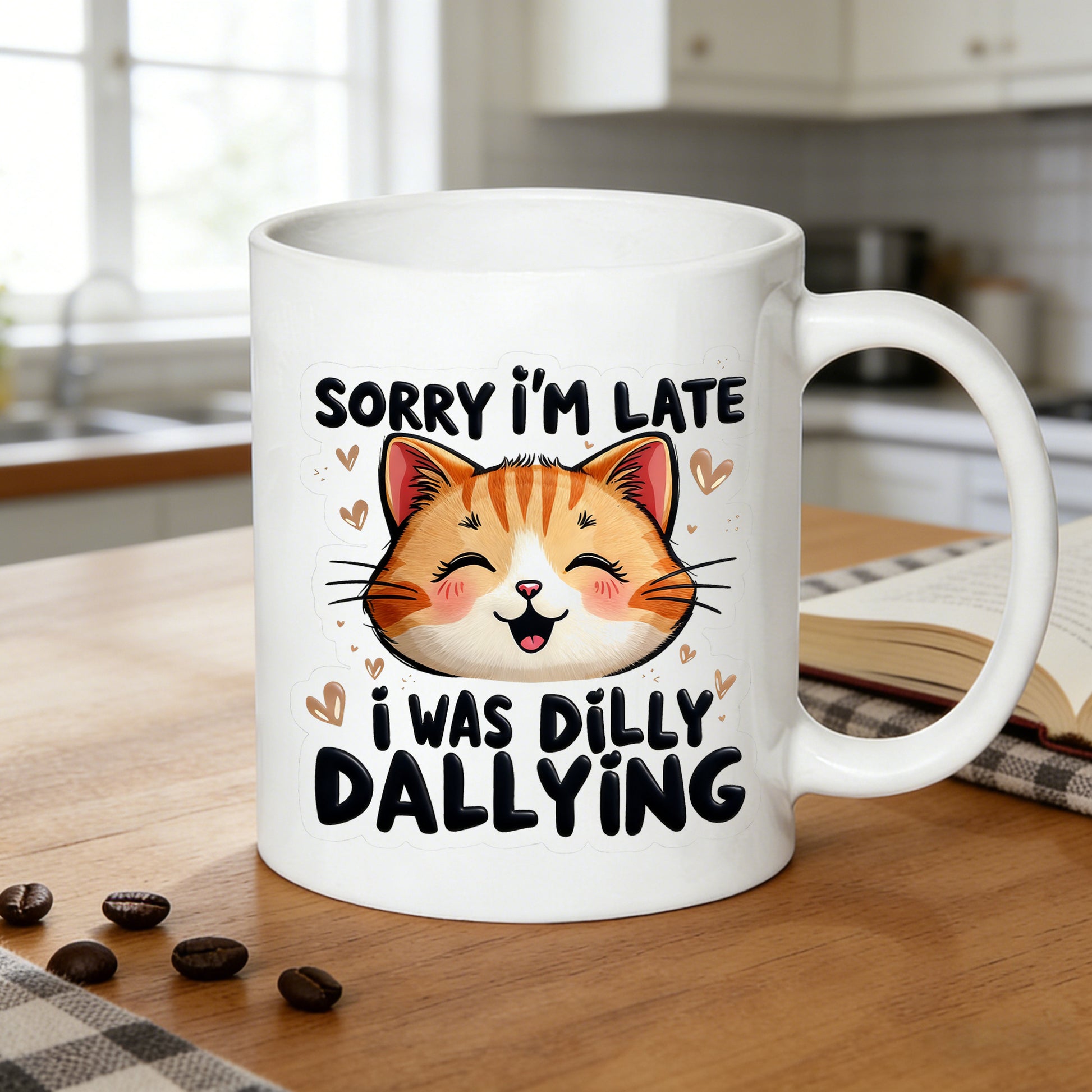 Tailorly White Ceramic 11 oz Mug - apologies for my tardiness cat illustration with humorous text