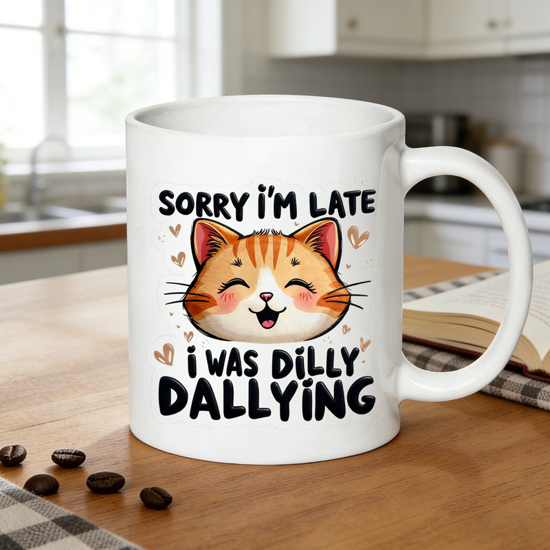 Tailorly White Ceramic 11 oz Mug - apologies for my tardiness cat illustration with humorous text