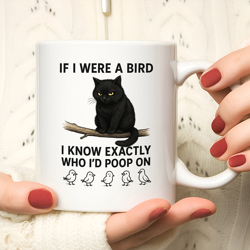 Tailorly White Ceramic 11 oz Mug - black cat， bird， tree branch