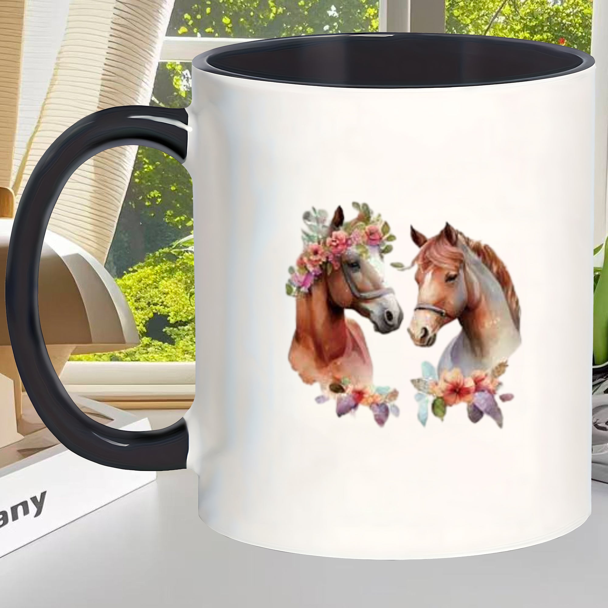 Tailorly Black Accent 11 oz Mug - black handle horse print