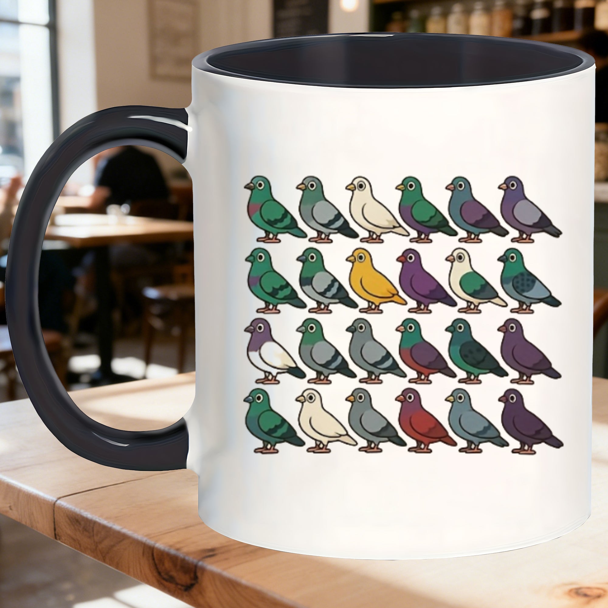 Tailorly Black Accent 11 oz Mug - colorful pigeon pattern