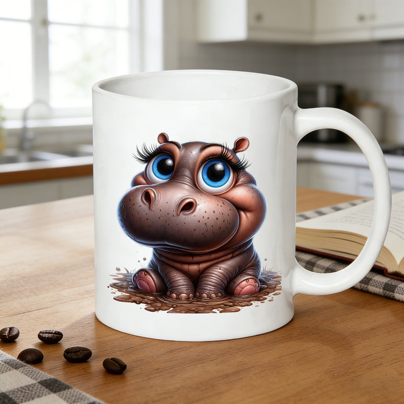 Tailorly White Ceramic 11 oz Mug - adorable chubby hippo with big eyes