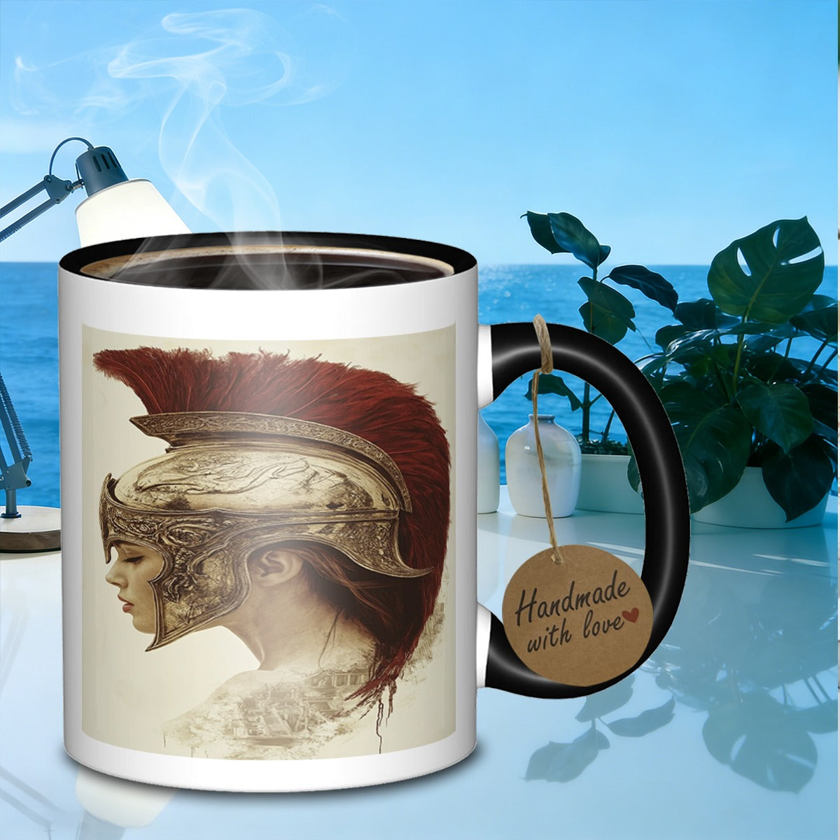 Tailorly Black Accent 11 oz Mug - woman in warrior helmet