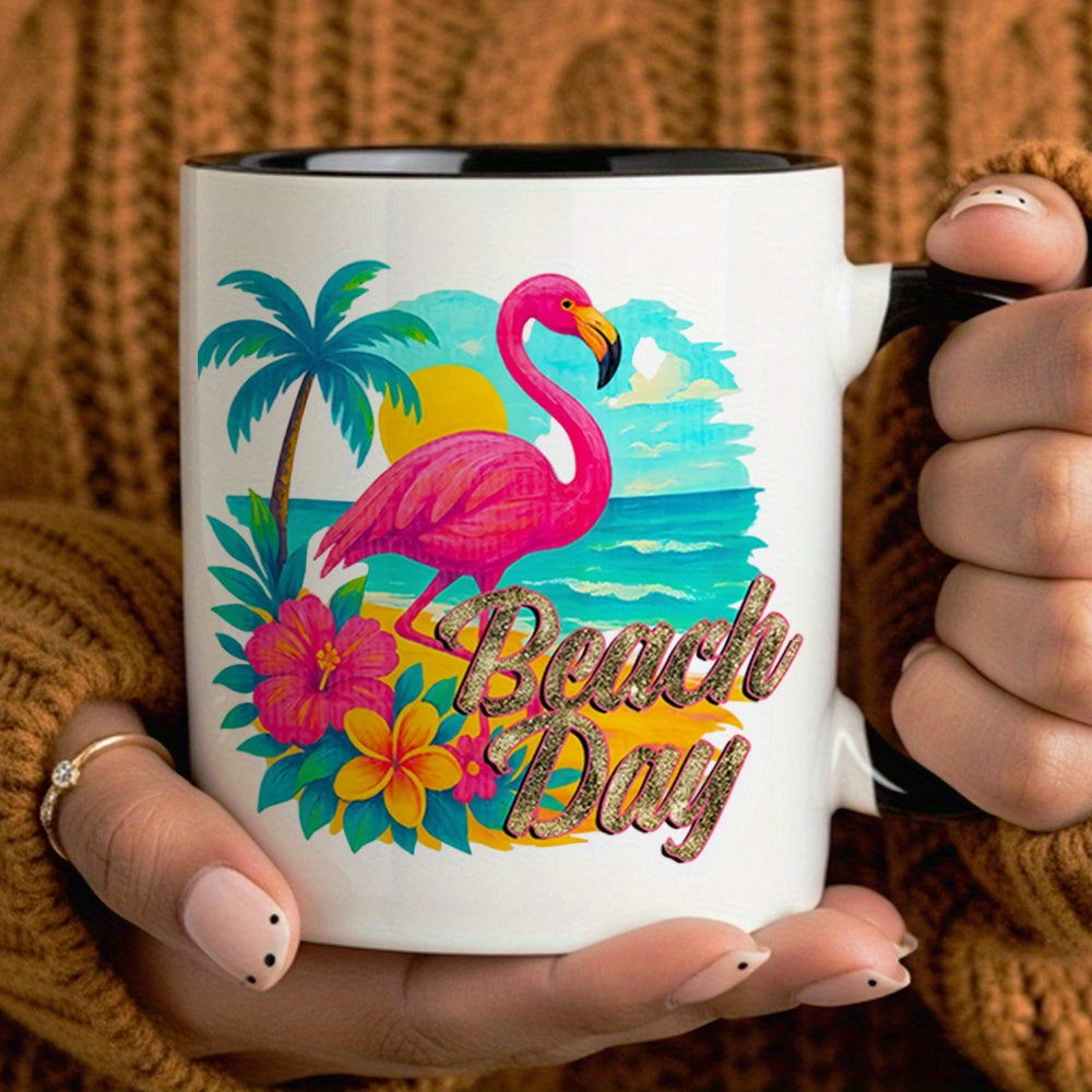 Tailorly Black Accent 11 oz Mug - flamingo palm tree seashell ocean