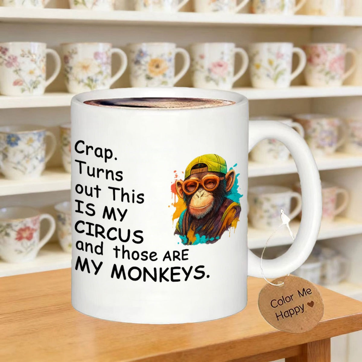 Tailorly White Ceramic 11 oz Mug - circus and monkey design