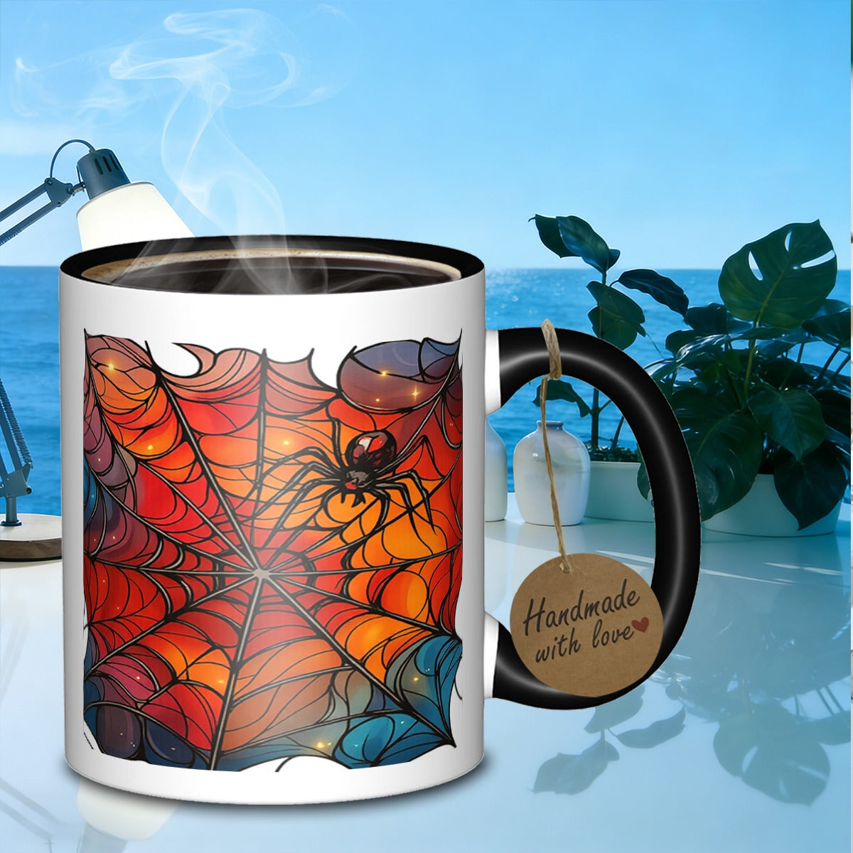 Tailorly Black Accent 11 oz Mug - a spider on a vibrant web