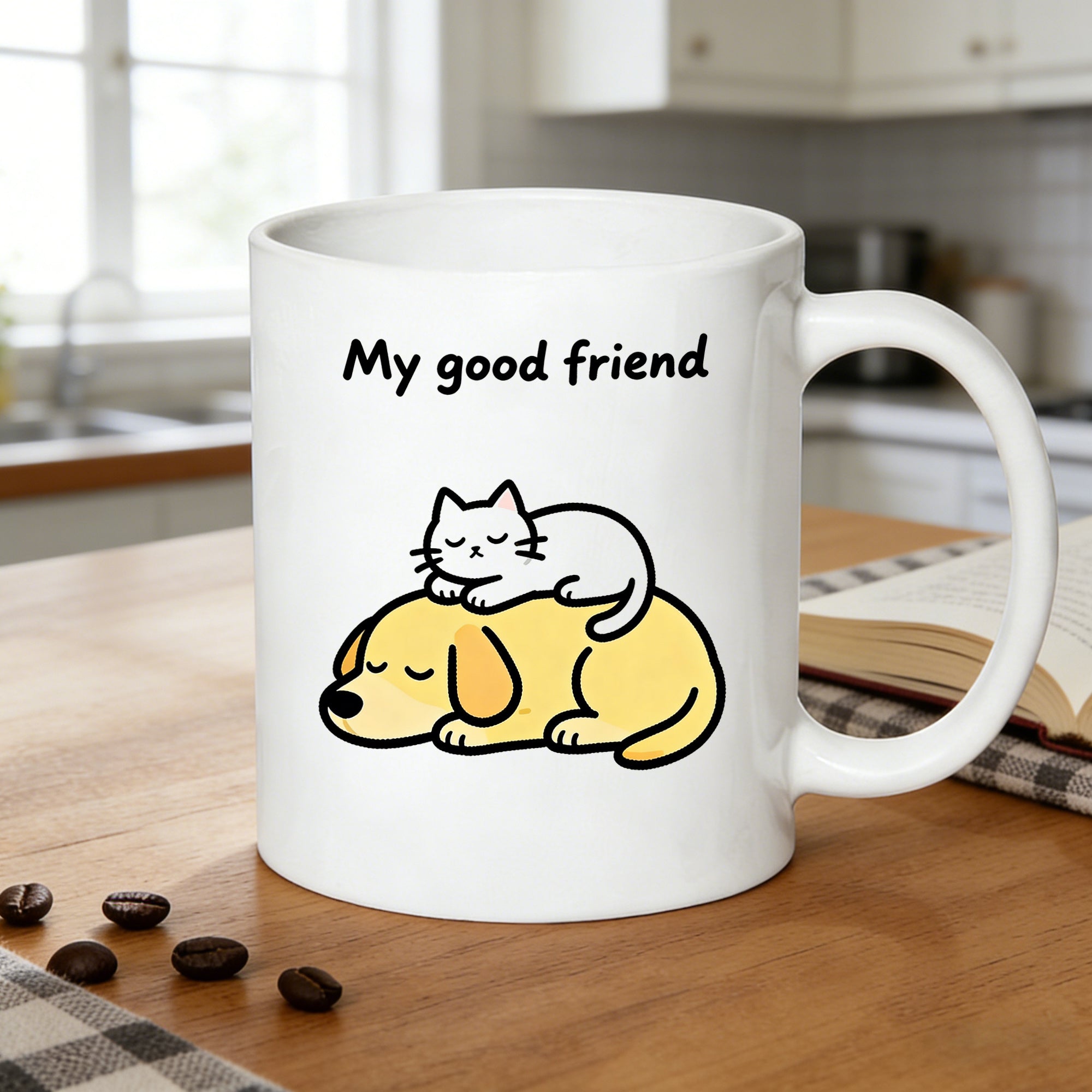 Tailorly White Ceramic 11 oz Mug - cartoon cat sleeping on a dog