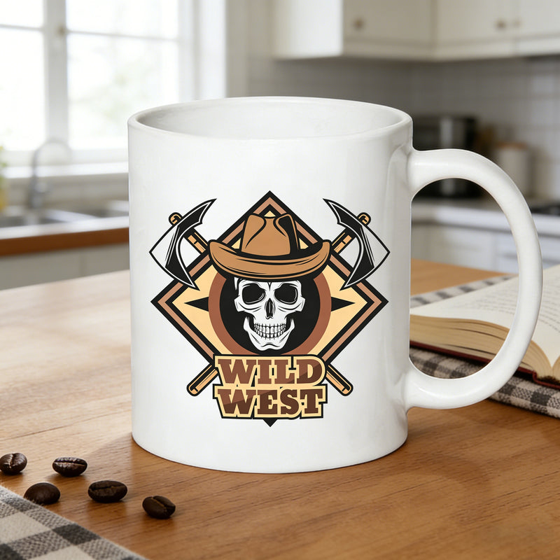 Tailorly White Ceramic 11 oz Mug - wild west cowboy skull design