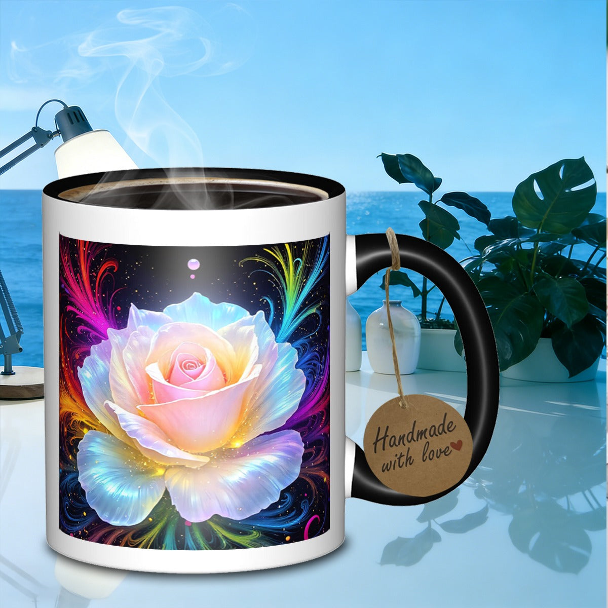 Tailorly Black Accent 11 oz Mug - luminous rose fireworks