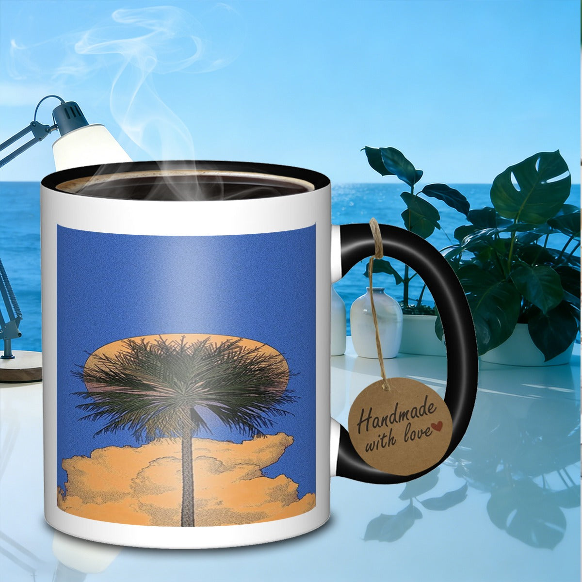 Tailorly Black Accent 11 oz Mug - palm tree sunset scene