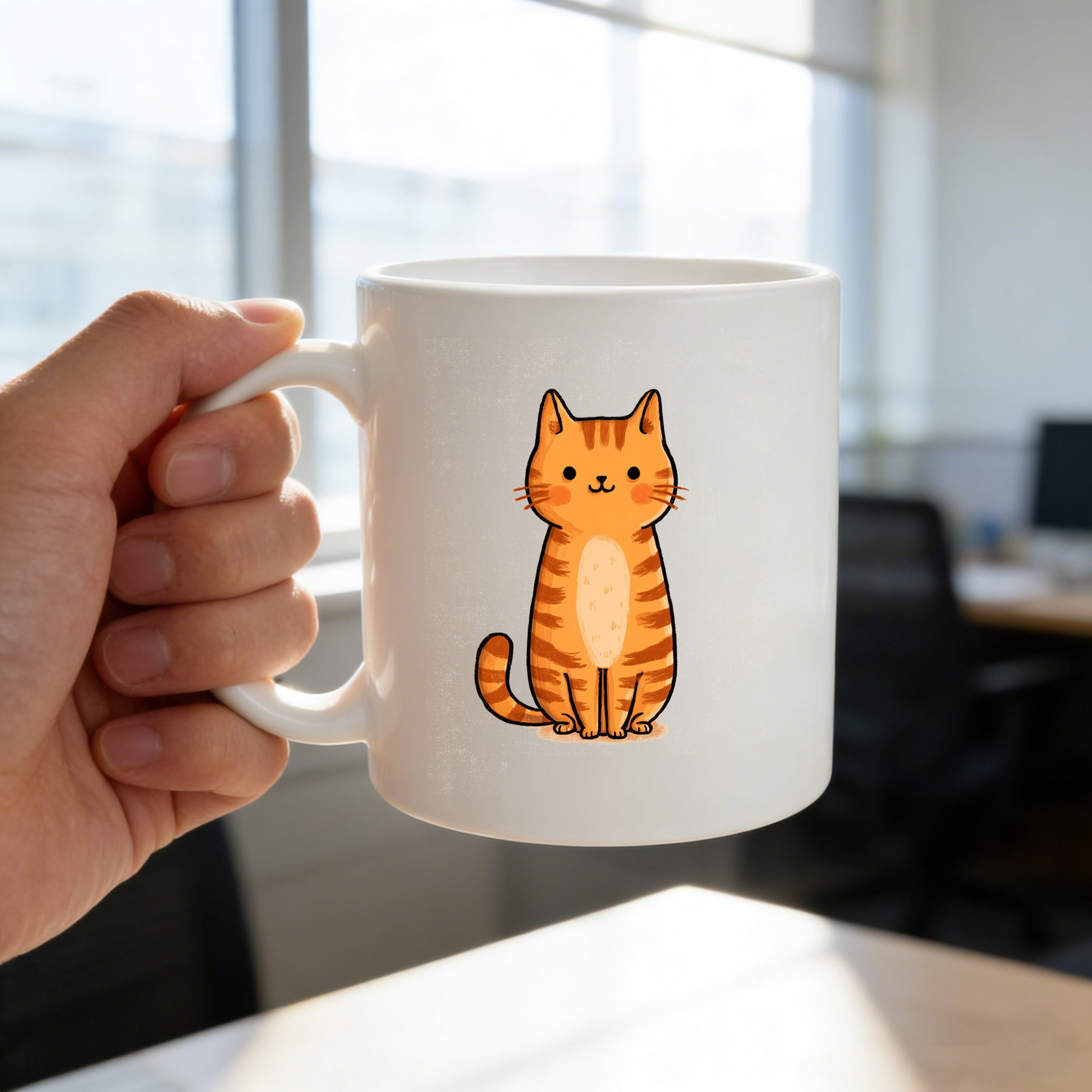 Tailorly White Ceramic 11 oz Mug - cute orange cartoon striped kitty