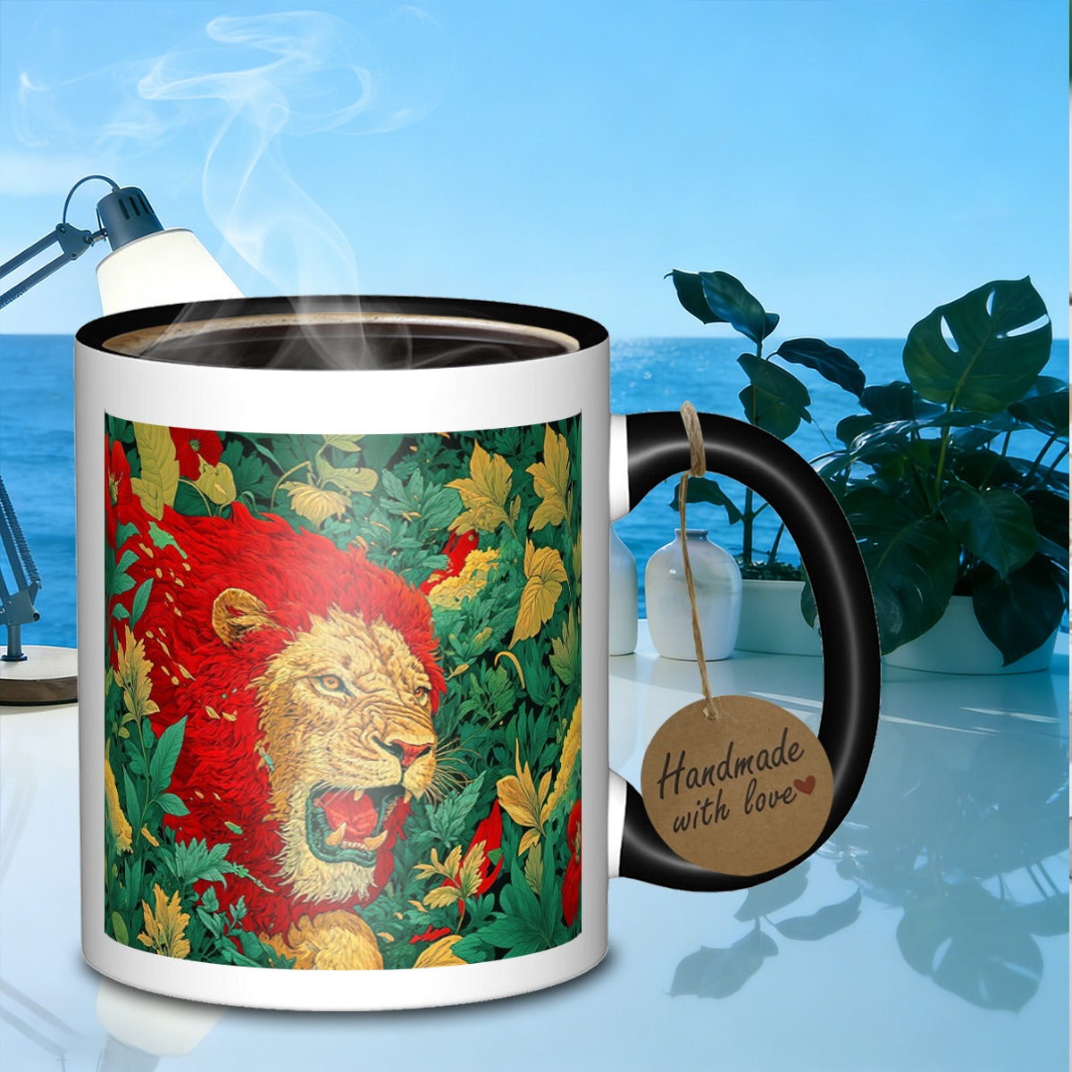 Tailorly Black Accent 11 oz Mug - lion in floral jungle