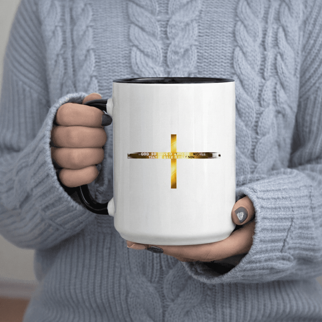 Tailorly Black Accent 11 oz Mug - God The World That He Gave His Only Son text