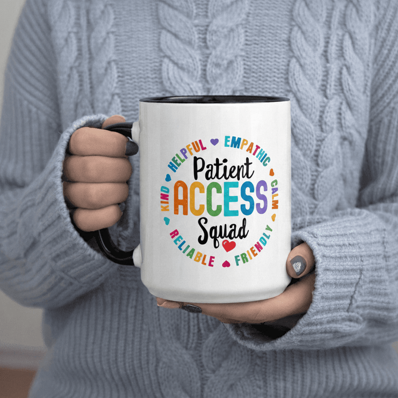 Tailorly Black Accent 11 oz Mug - Squad Kind Empathetic Calm Reliable Friendly text